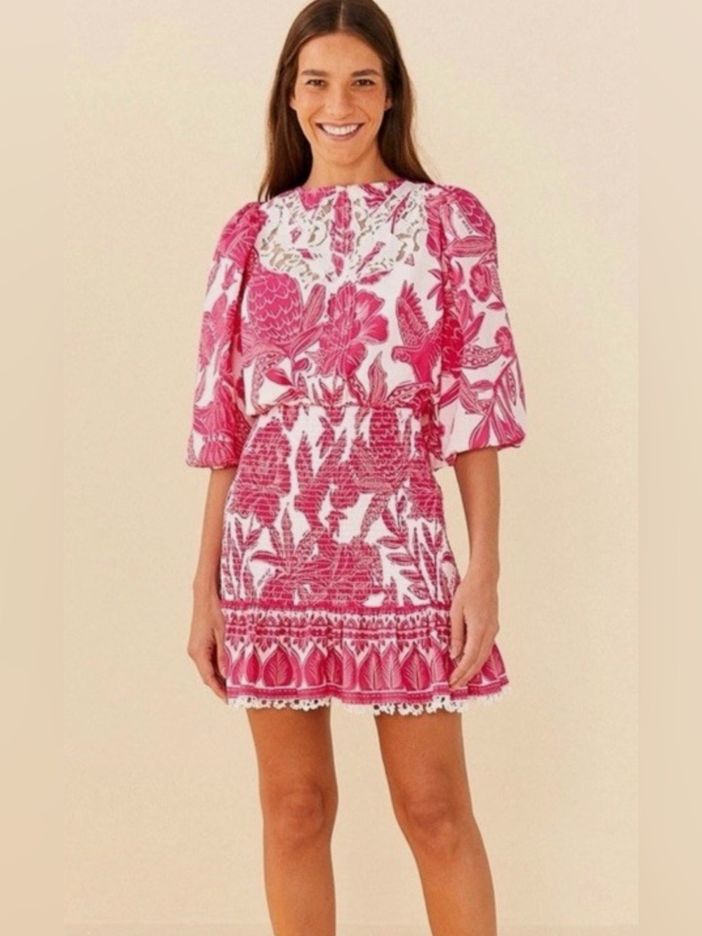 Farm Rio Tropical Woodcut Dress Pink Floral Appliqué Lace Resort Wear Smocked L